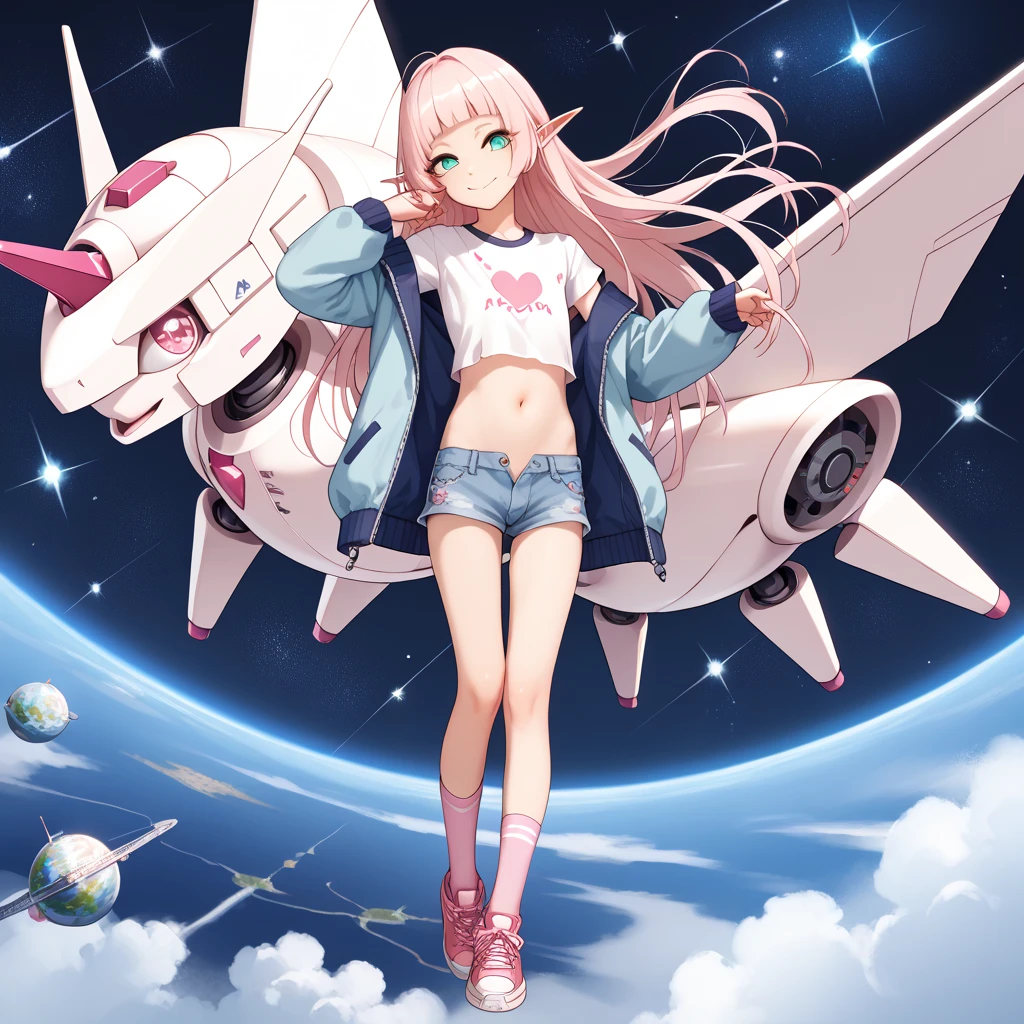 (((best quality))), (((masterpiece))), anime, space station(((a giant robot))), elf, 1 boy, otoko no ko, femboy, ars old,  light_pink_longhair, turquoise_eyes, crossdressing, girly, casual jacket, t-shirt, short pants, focus navel, pink kneehighs, sneakers, space style wear, flat chest, looking at viewer, non censored, light smile, fullbody