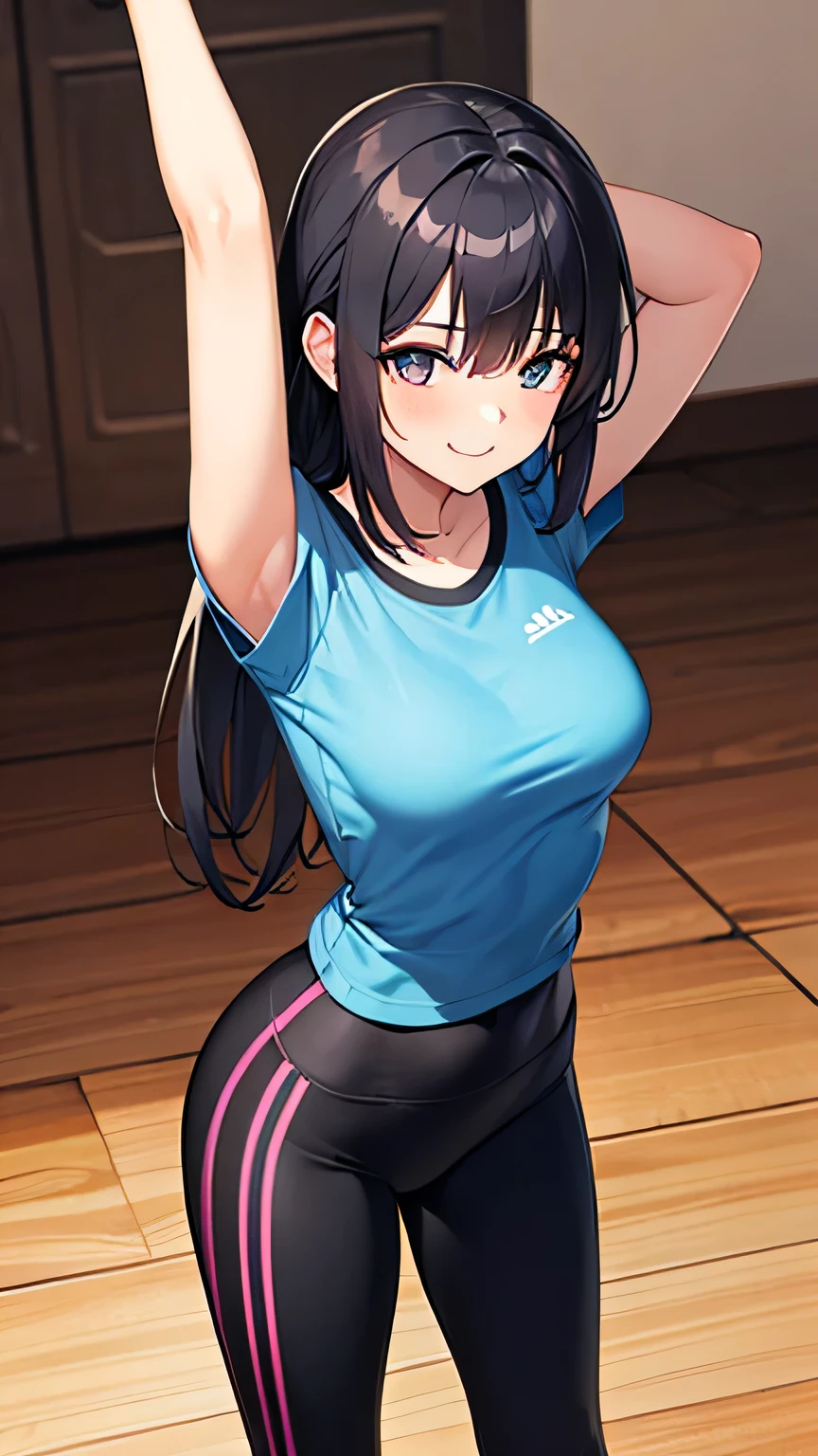 1girl, Wearing a sports shirt Long and long tight Spandex leggings Blue  with Long black hair Small normal breasts Smile, Stand Just Healthy and strong state May you get well 