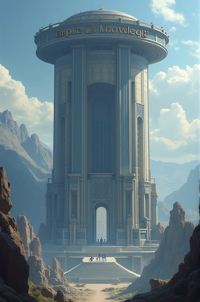 Create an empire with a platform on top to stand and on the empire it should be written empire of knowledge in bold letters