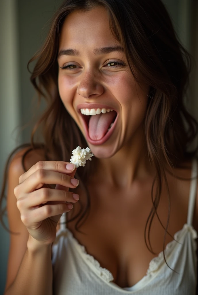 (photorealism:1.2), beautiful woman, ( colorful home clothes ), biting nails, at home, living room, eating popcorn, long curly hair, indoors, soft lighting, relaxed pose, realistic, intricate details, warm colors,