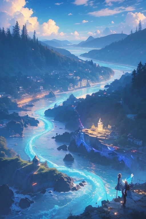 (magical pretty ヌル blue stream overlay scene), ( floating island), (cloud),   soft writing , Clean Background, Beautiful Nuru scenery, masterpiece,   High Quality ,   beautiful graphics,   high detail,by Thomas Kinkade,   Art Station  ,  Sharp Focus , Inspiring 8K Wallpapers,  