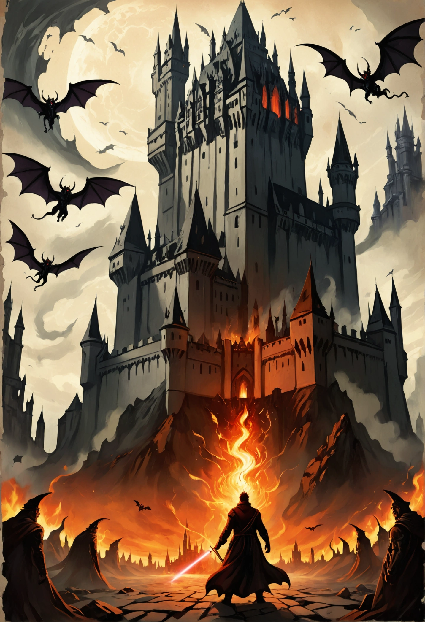 poster, drawing on parchment  ,  hand-drawn painting  ,  sci-fi landscape , movie poster ,  high quality ,  cinematic fortune  ,  masterpiece fails,  in the center on the edge of a high-rise building by a young sorcerer,  against the background of a far Gothic castle with demons ,  around shards of buildings and fire , dynamic events , fear and terror