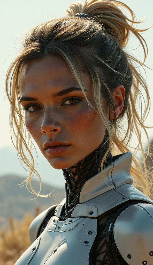 Portrait of a cybernetic woman android Gunslinger. soft features, Soft Illustration with a dynamic background, elegant intricate artstation concept art style of Ashley Wood, Jae Wood, desolate tones, intricate detail, breathtaking masterpiece, dramatic lighting.