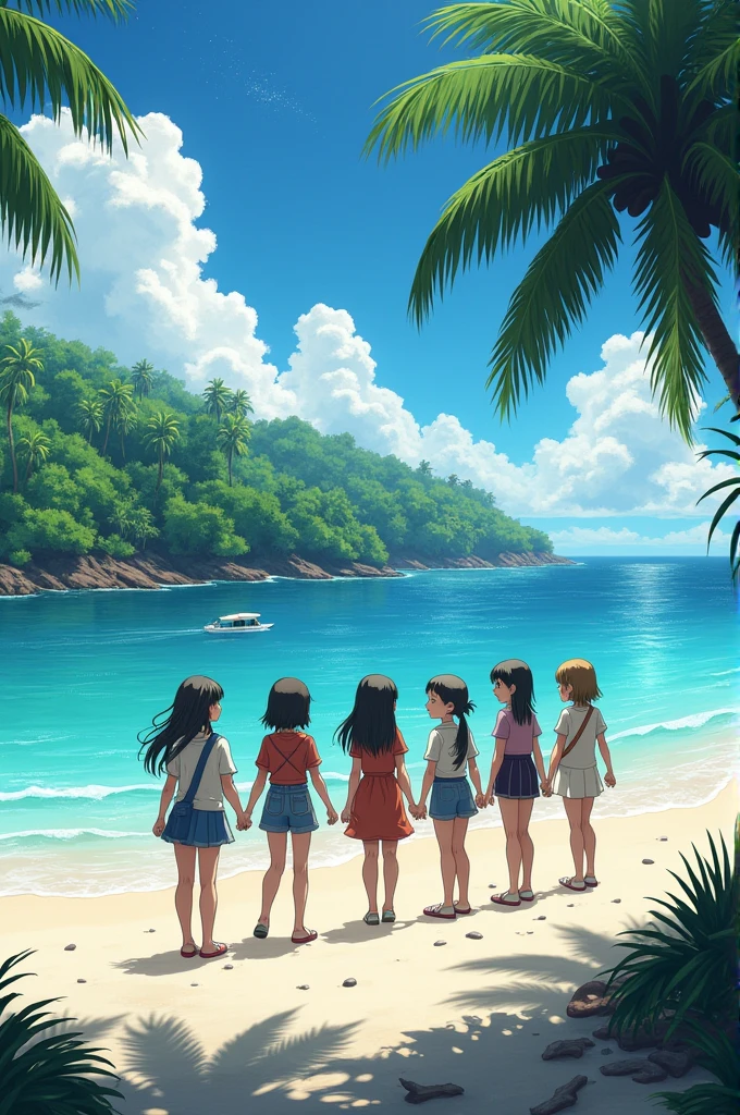 masterpiece, Anime illustration, (High Resolution:1.5), extremely detailed and beautiful anime girl & anime face, (adult girl, Tall girl, many persons, Twins, siblings:2.0), (deep hole navel, Puffy belly, flabby stomach:1.7), (stand side by side, huddle together, posing, sitting:1.5), from the front view, looking at viewer, brown hair, dark hair, (upper arm, white shirts:1.4), sleeveless, denim shorts, blue sky, seaside, a place with nothing around