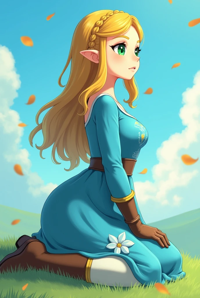 princess zelda, 1girl, bangs, blonde hair, blue dress, blue flower, braid, breasts, dress, falling petals, flower, full body, gingx02, green eyes, kneeling, long hair, long sleeves, looking to the side, medium breasts, nintendo, outdoors, parted bangs, petals, pointy ears, princess zelda, profile, sidelocks, silent princess, solo, the legend of zelda, the legend of zelda: breath of the wild, 8k Ultra HD detailed photograph 