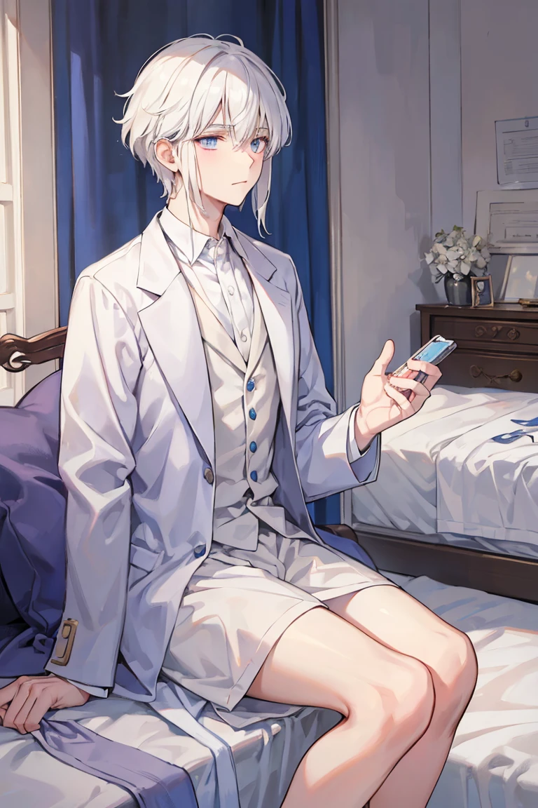 A white-haired wizard man majoring in medicine looks sleepy on his bed with only underwear