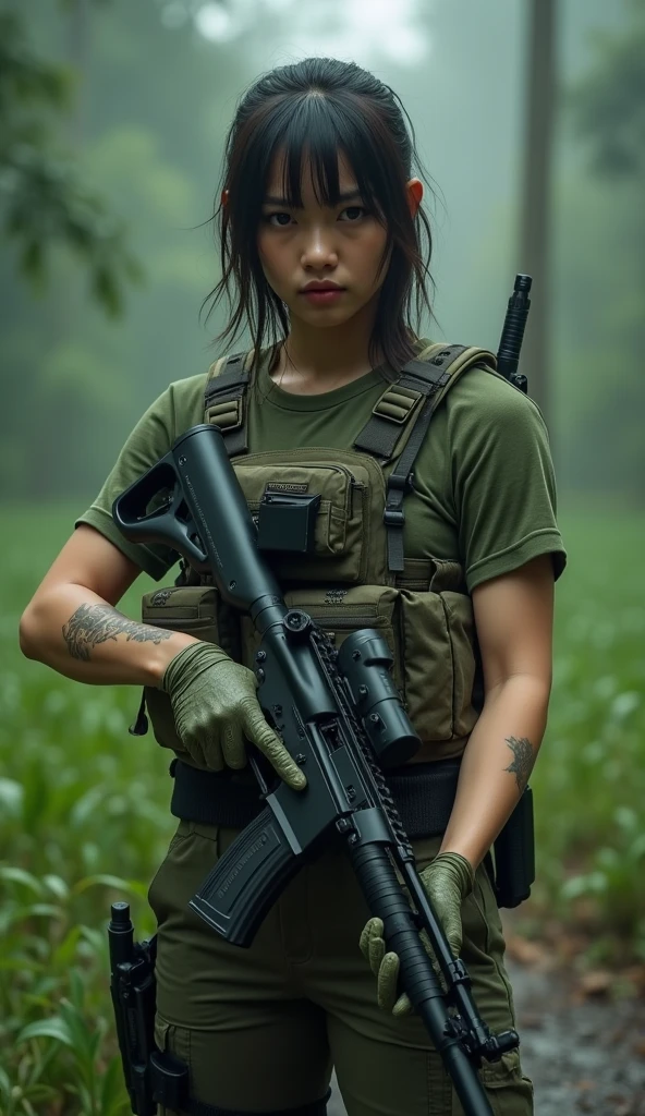 8k,Realistic Photo、Realistic Skin Texture、Superrealism、Japanese women in the US Special Forces、jungle、、rifle、、Hold your gun and be on guard、Tension、Sense of urgency、after the rain、Bulletproof vest、Watch on left arm、Sticks to the skin when moistTshirt、Military Pants、jungleブーツ、Tattoo、humidity、Dynamic pose、Impact、explosion、Bombing nearby、Grass and mud fly off along with the smoke from the explosion.、Coming under attack,The counterattack begins、Deadly Combat