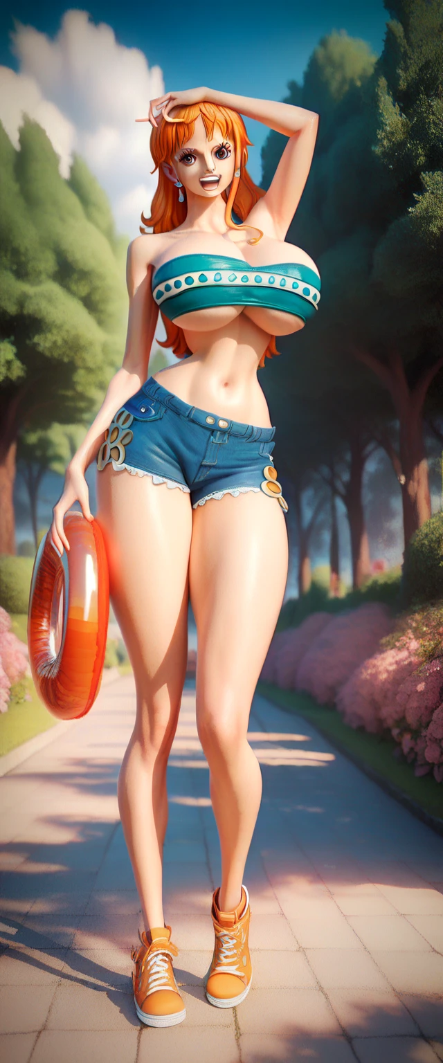 Nami one piece,light brown hair, detail brown eyes, innocent face, round eyes, huge breast, thick thigh, hourglass figure, erotic tube top, erotic ultra mini denim hotpants,  sneakers, stocking, stylish, park, clear view,navel