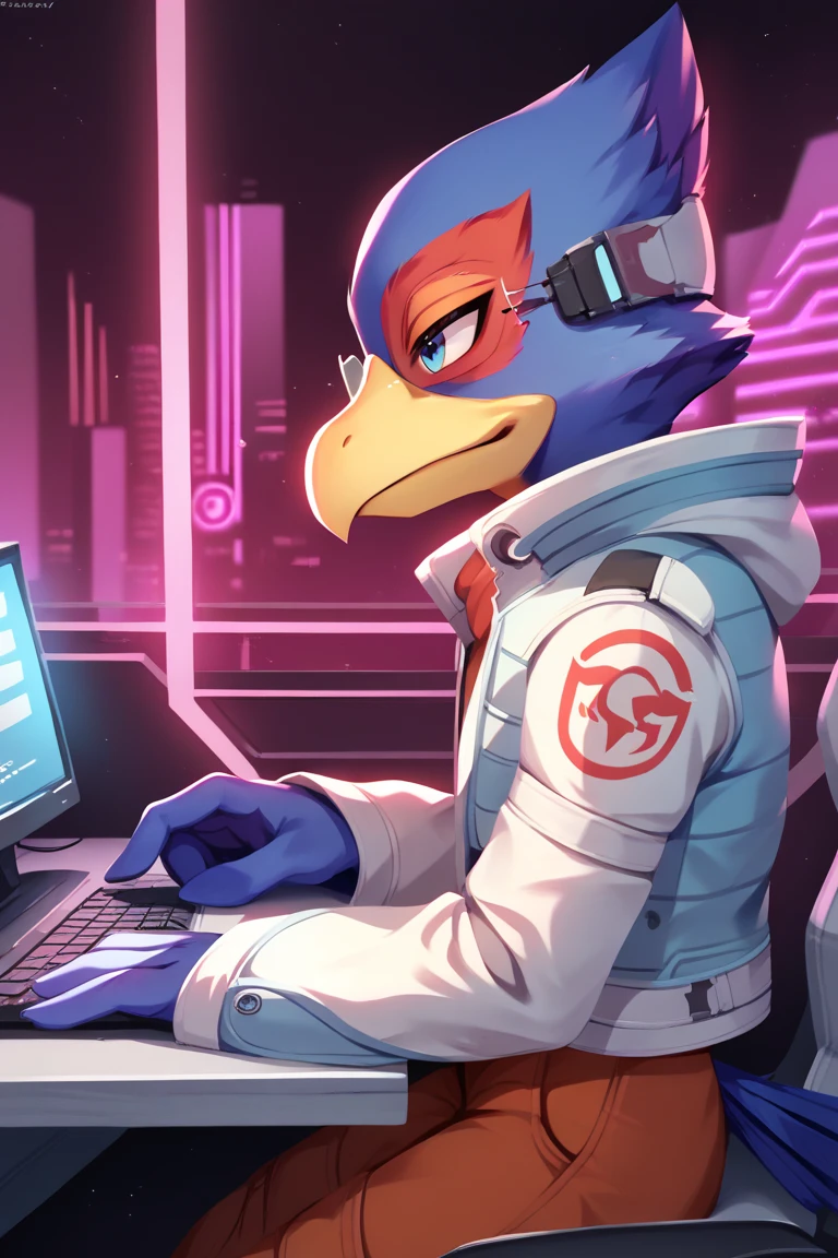 score_9, score_8_up, score_7_up, score_6_up, 1boy, solo, Falco lombardi, inside spaceship, beckoning, straight on, nsfw, high resolution, detailed face, high resolution, light blue eyes, A falco sitting at a sleek modern desk in a high-tech room, illuminated by the glow of multiple computer monitors. The character is typing on a futuristic keyboard with focused eyes, wearing a pair of minimalist glasses and a comfortable hoodie. The room features cyberpunk-style neon lights and a cityscape visible through a large window, from side,