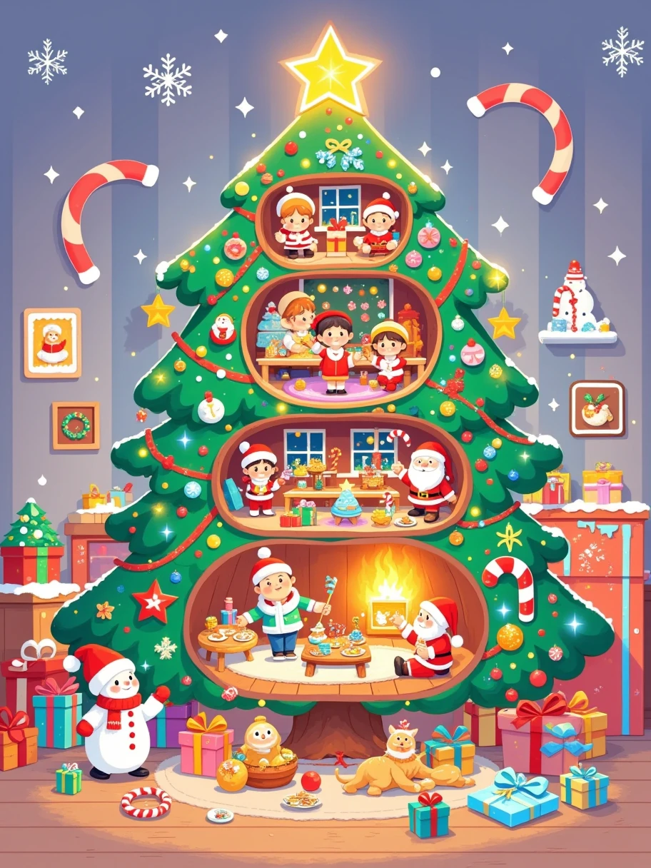 A small snowman on the left, Christmas gifts at the bottom right, adding playful elements. Inside the tree, a cozy two-story room. The first floor is a playroom with Santa and kids playing games. The second floor is a bedroom filled with Christmas gifts, radiating joy and warmth. Simple solid-colored background with white snowflakes, vibrant and lively overall scene.c4d，oc rendering，illustration style, a massive Christmas tree, split in half, with "Merry Christmas" written on top