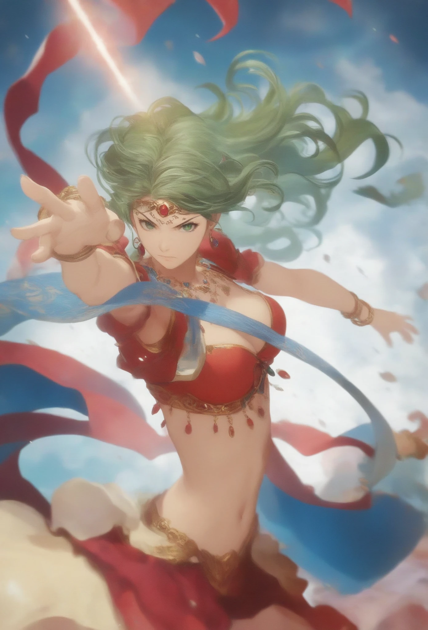 1girl, dancer, romancing saga 2, solo, masterpiece,best quality,absurdres,detailed skin,anime colored,anime screencap,official art,
long hair, navel, jewelry, bracelet, cleavage, midriff, short sleeves, medium breasts, earrings, circlet, green hair, green eyes,red bikini,
rapier ,holding weapon,dynamic pose, fighting stance, floating hair,
from side, portrait, looking at viewer, doyagao, trade fair, closed mouth