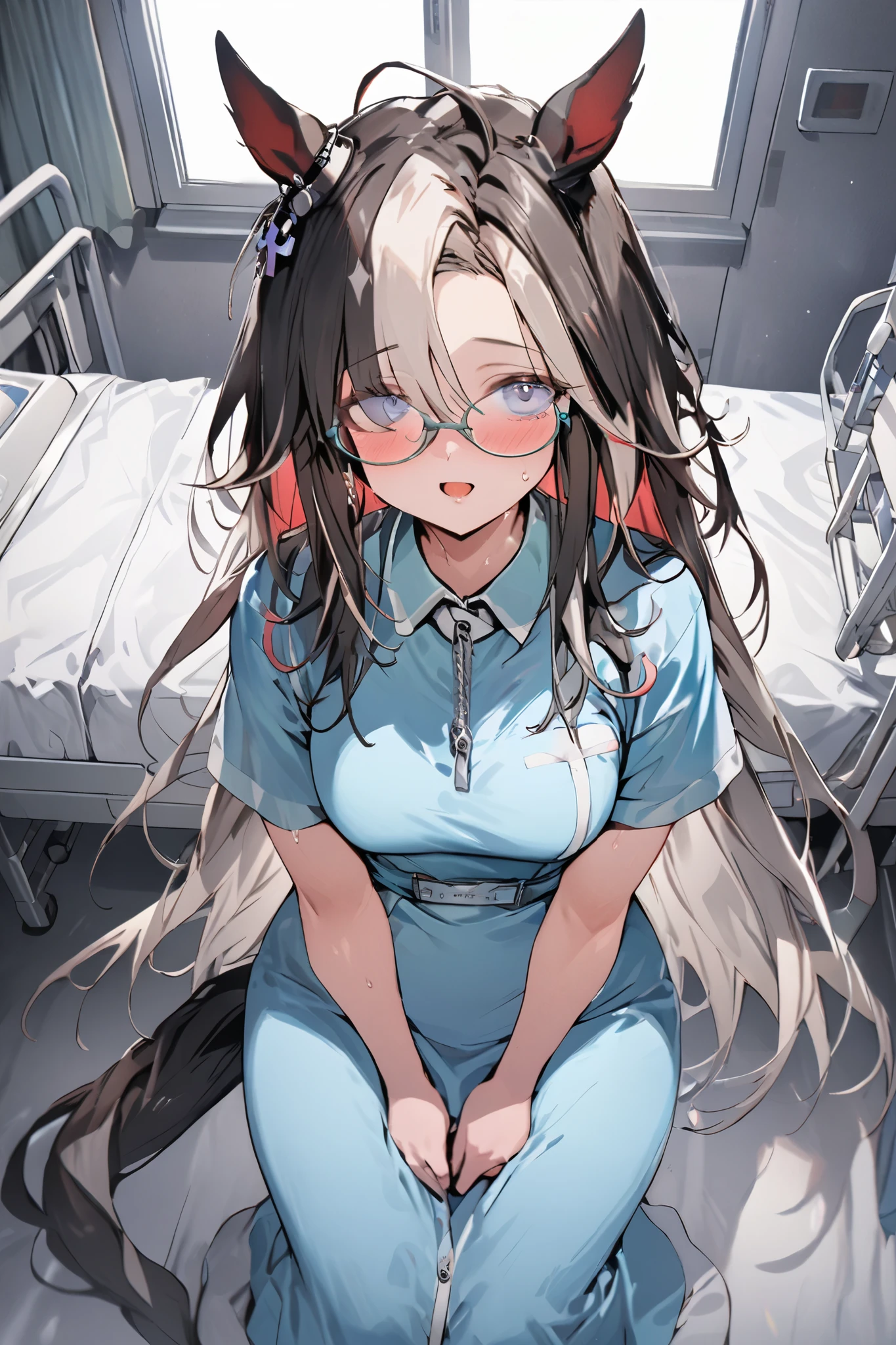 NSFW,masterpiece, top quality, high definition , very detailed,Dream Journey,Dream Journey\(Horse Girl\),Glasses,Two-tone hair,nurse,Nurse uniform,hospital,Hospital room