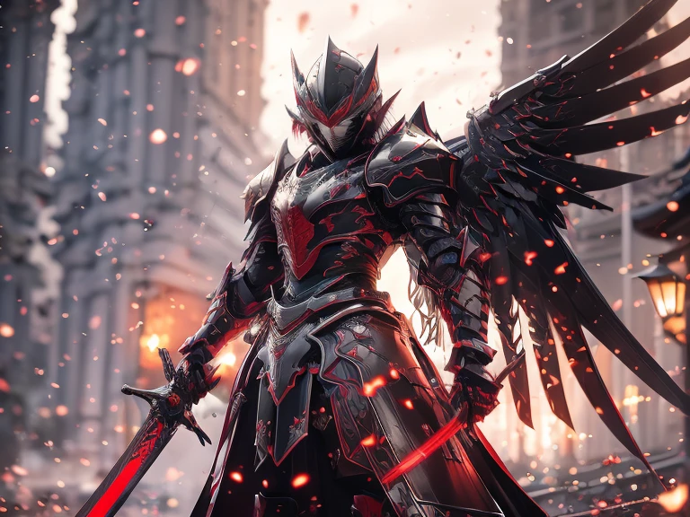 (Best Quality), (Excellent), HD, detailed, crow head, human body, kusarigama in one hand, large black wings on the back, armored samurai, red armor, full body, Japanese city, close-up photography, surrounded by black aura, realistic, ultra high resolution, cinematic scene, 8k, masterpiece, vivid quality,