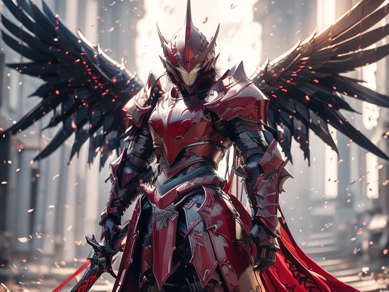 (Best Quality), (Excellent), HD, detailed, crow head, human body, kusarigama in one hand, large black wings on the back, armored samurai, red armor, full body, Japanese city, close-up photography, surrounded by black aura, realistic, ultra high resolution, cinematic scene, 8k, masterpiece, vivid quality,