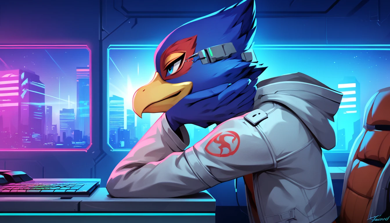 score_9, score_8_up, score_7_up, score_6_up, 1boy, solo, Falco lombardi, inside spaceship, beckoning, straight on, nsfw, high resolution, detailed face, high resolution, light blue eyes, A falco sitting at a sleek modern desk in a high-tech room, illuminated by the glow of multiple computer monitors. The character is typing on a futuristic keyboard with focused eyes, wearing a pair of minimalist glasses and a comfortable hoodie. The room features cyberpunk-style blue neon lights and a cityscape visible through a large window, from side,