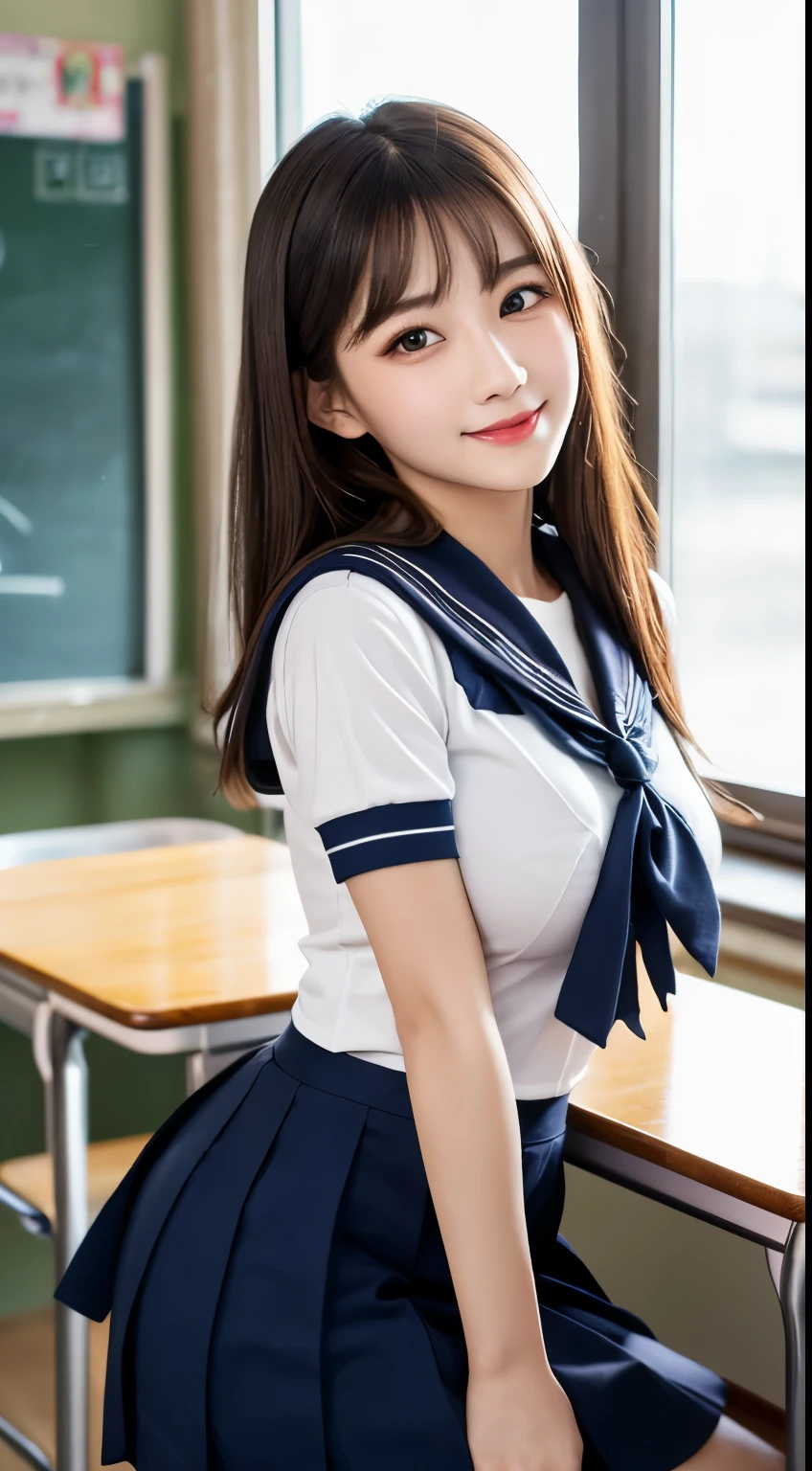 (reality: 1.4),Highest quality, masterpiece, High detail, 16K quality, beautiful, 1 beautiful girl,Japanese,super beautiful face,,Japanese idol face,Cute face,Highly detailed face,Fine hand,beautiful skin,Oily skin,Big eyes,Professional Lighting,Medium Hair,Black Hair,brown beautiful eyes, Big smile,Are standing, (Skirt flip),Big Breasts,(Sailor suit),(Check skirt),White panties,(Showing panties),Black high socks,Spread your legs, She is looking at the camera,classroom, Browsing Caution,From below,