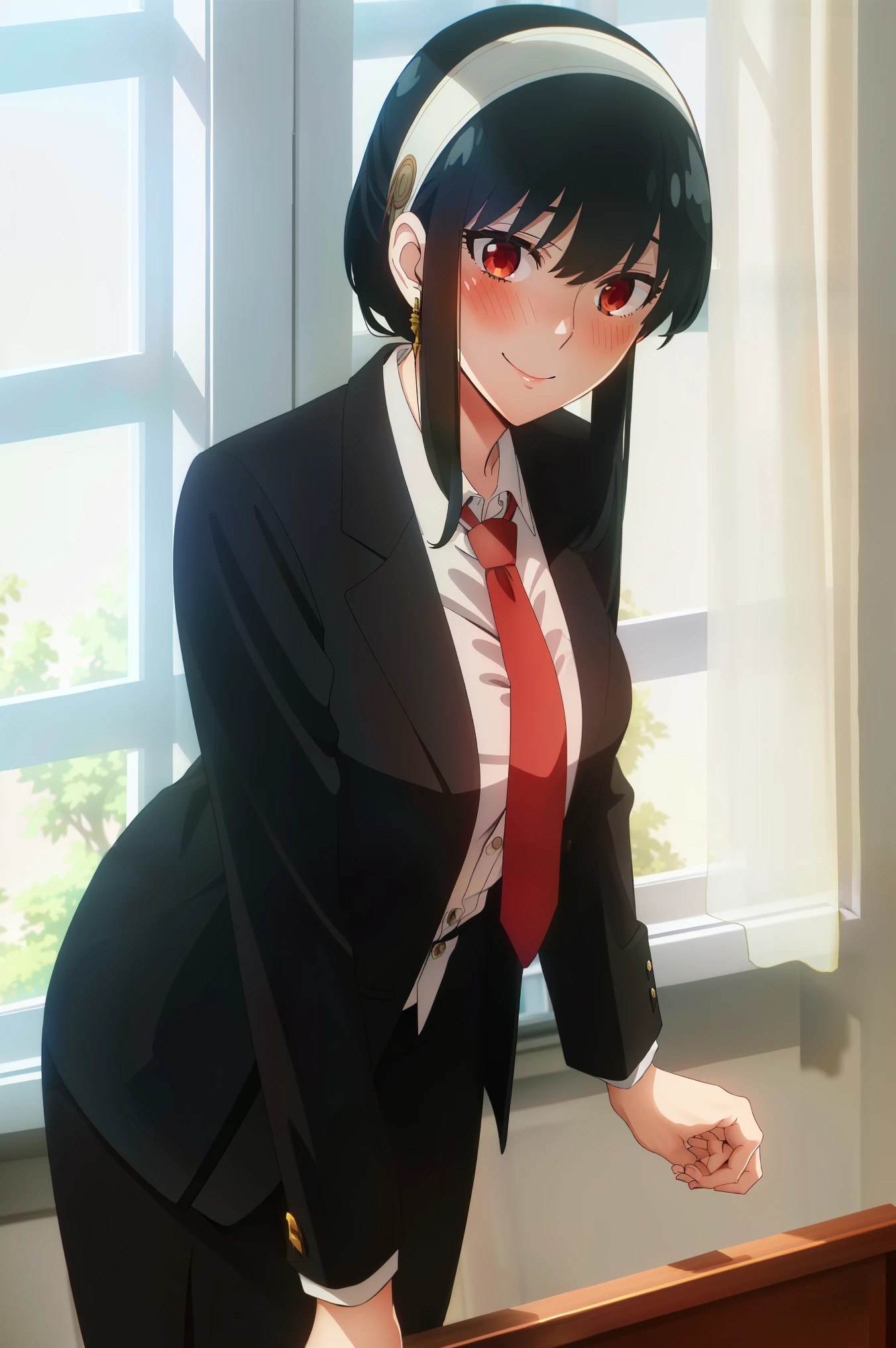 Yor Forger, ((masterpiece, best quality)), (((extremely detailed, intricate details, lush detail, insanely detailed face, beautiful red eyes, shiny skin, sharp eyes))), ((Indoors, dramatic shadows, vibrant colors, backlighting, depth of field, highlight, contrapposto)), (((solo, 1girl, shadow over face, shaded face, glowing red eyes))), ((black hair, medium breasts, hairband, hair ornament, woman in formal attractive suit tuxedo tailcoat standing in a large alcove in the room, 1girl, solo, necktie, black hair, , smile, jacket, looking at viewer, shirt, pants, blue necktie, collared shirt, white pants, white shirt, indoors, bangs, long sleeves, closed mouth, window, black jacket, blush, cowboy shot, formal, suit