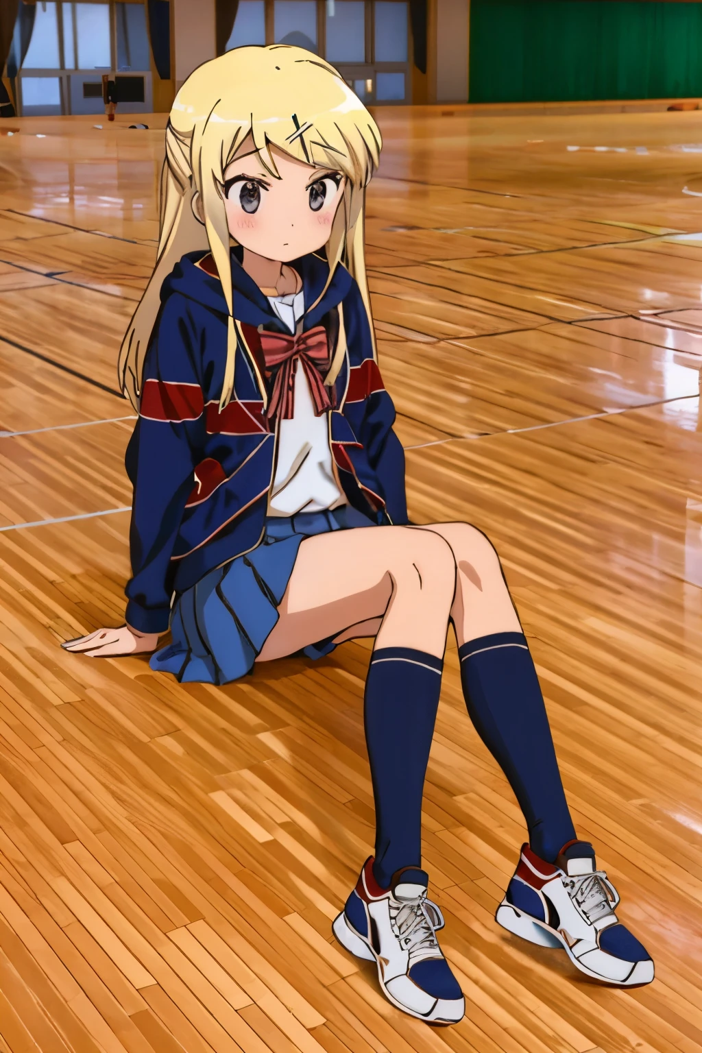 KUJO KAREN UNION JACK JACKET, a girl in a sailor suit who is unwell sitting on the floor of the gymnasium is watching the class, STRIPED BOW, WHITE SHIRT, LONG SLEEVES, PLEATED SKIRT, BLUE SKIRT, KNEEHIGHS, SNEAKERS