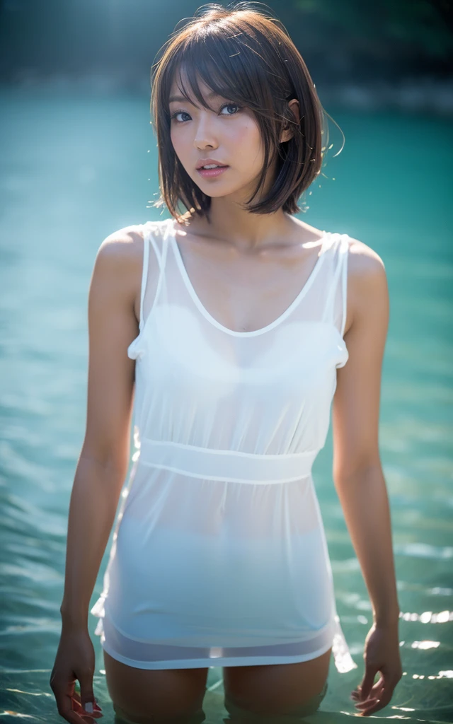 Girl with black hair, sad, drowns in water and reaches up with his hand, in a white dress 