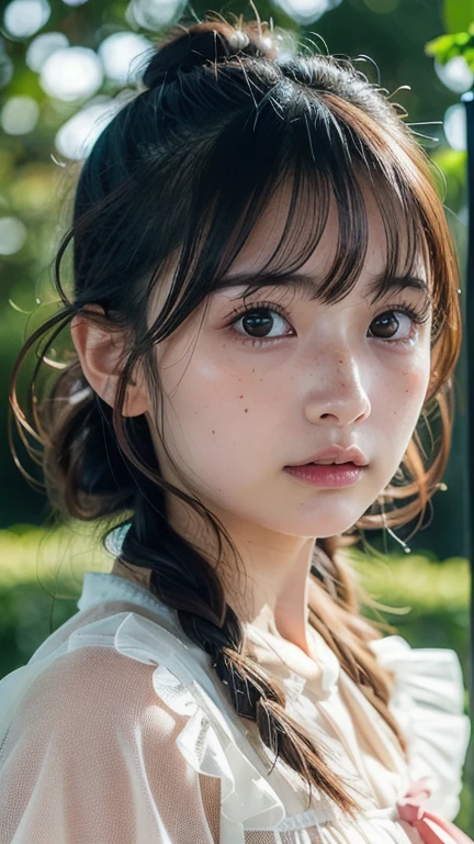  top quality,  focus on face , Soft light,  super high resolution , ( realistic :1.4),  RAW photo,
 1 Japanese girl , Alone, cute, (pupil, あなたのpupilの光),   Beautiful face in every detail , (),(  in Mankai no Rose Garden),
( bun hair ),Freckles、
bar,
 damask shirt dress, tiara 、
(Portraiture)