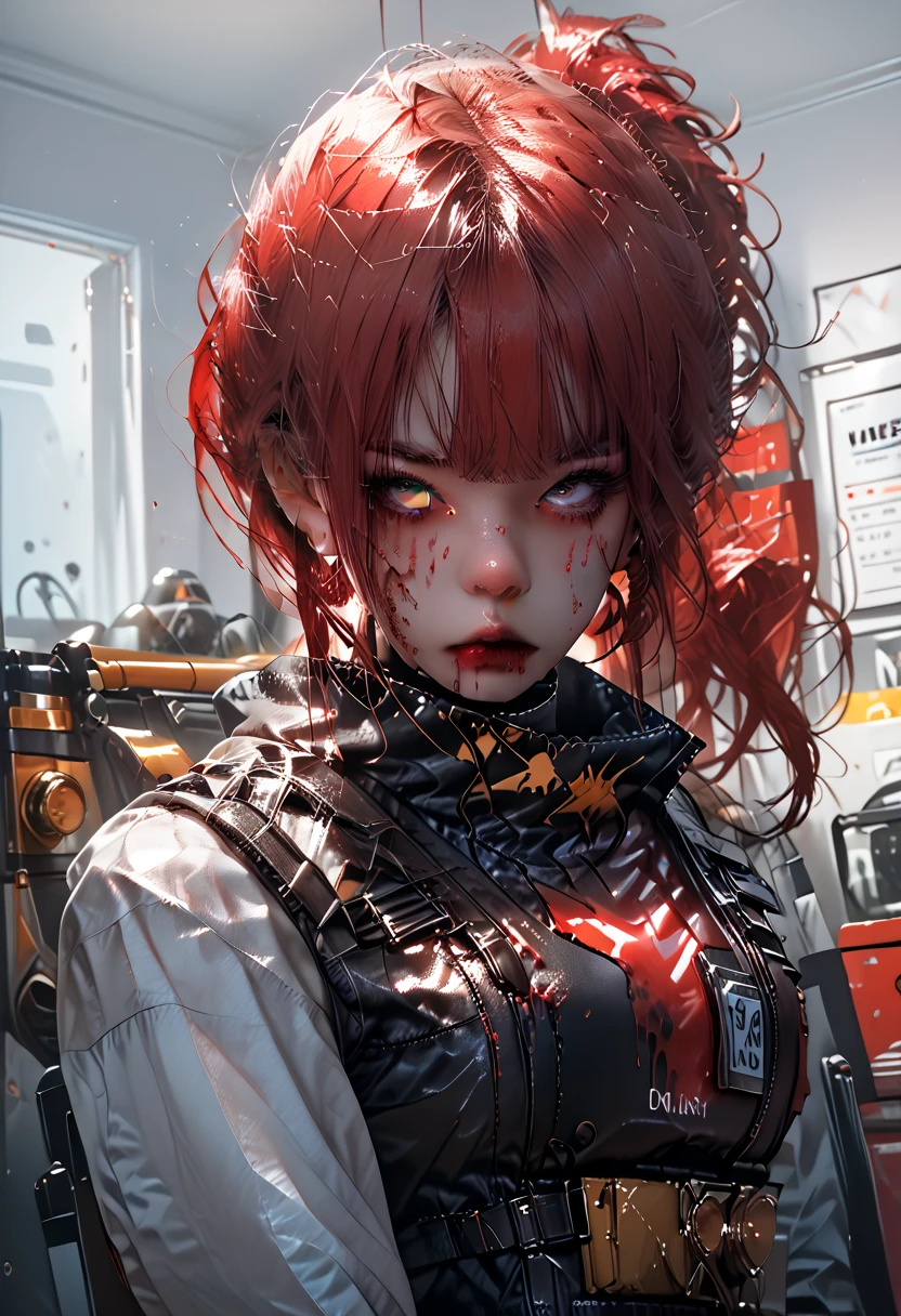 a girl with red hair stands in a white room ((the walls of the room are covered in blood)) dressed in ((a strict office jacket and pants)) ((under the jacket, a bulletproof vest is visible)) ((on her face is a protege)) ((holding a machine gun in her hands))