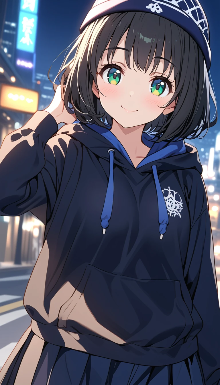 {{{masterpiece}}}, {{{ top quality}}}, {{ ultra detail }}, { beautiful,  Details Eyes },  1 girl, Alone, (( black hair)),  bob cut, (( green eyes)), (Hairy hair ), (pattsun maegami), Black headphones, , (かわいい黒の柄物 hoodie), cute black patterned hat,( cute black long skirt ) is a smiling face ,pattsun maegami,Midea, hoodie, jade colored eyes,Night City,