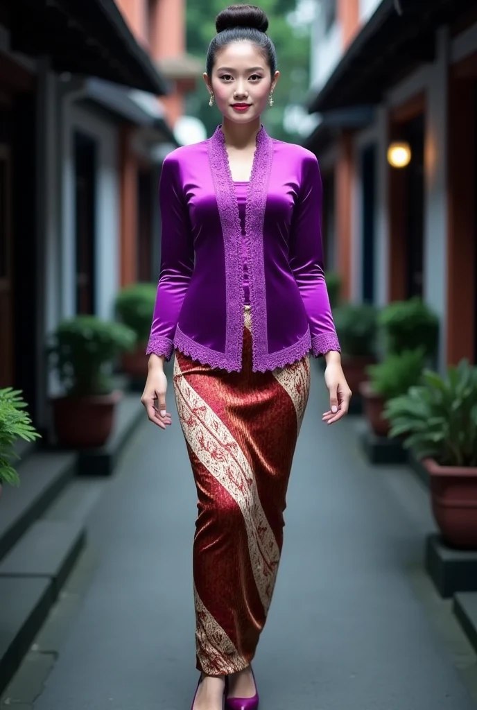 a beautiful Javanese young woman wearing a traditional kebaya outfit. Her hair is styled neatly in a traditional Javanese hair bun style. The kebaya features intricate glossy purple satin with embroidery on the bodice and edges paired, with a tight batik skirt. wearing high heels,  She is gracefully walks in a outdoor setting with soft bokeh and blur Yogyakarta city night atmosphere. The overall mood is graceful and culturally authentic, emphasizing the richness of Javanese tradition