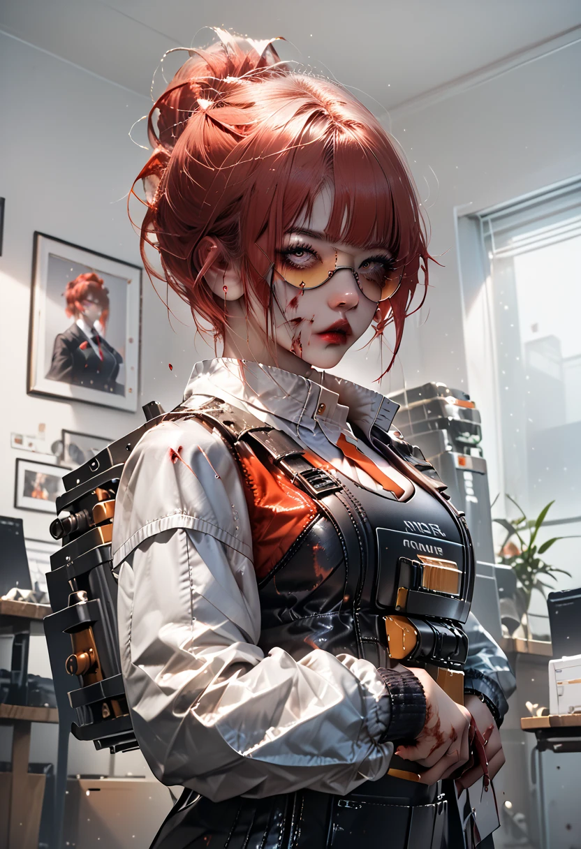 a girl with red hair stands in a white room ((the walls of the room are covered in blood)) dressed in ((a strict office jacket and pants)) ((under the jacket, a bulletproof vest is visible)) ((on her face is a protege)) ((holding a machine gun in her hands))