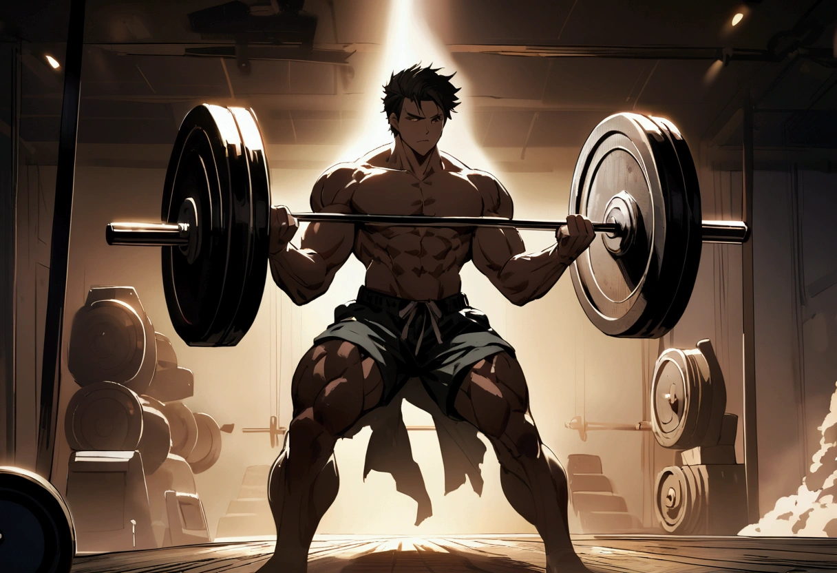 Robust athlete man, upper body revealed, legs uncovered from thighs to feet, bearded with beaded accents, flowing long curls, meticulous muscle definition, lifelike representation, 4K quality. Background: Gymnasium with weights and exercise equipment.,32k uhd, best quality, masterpiece, super detail, high details