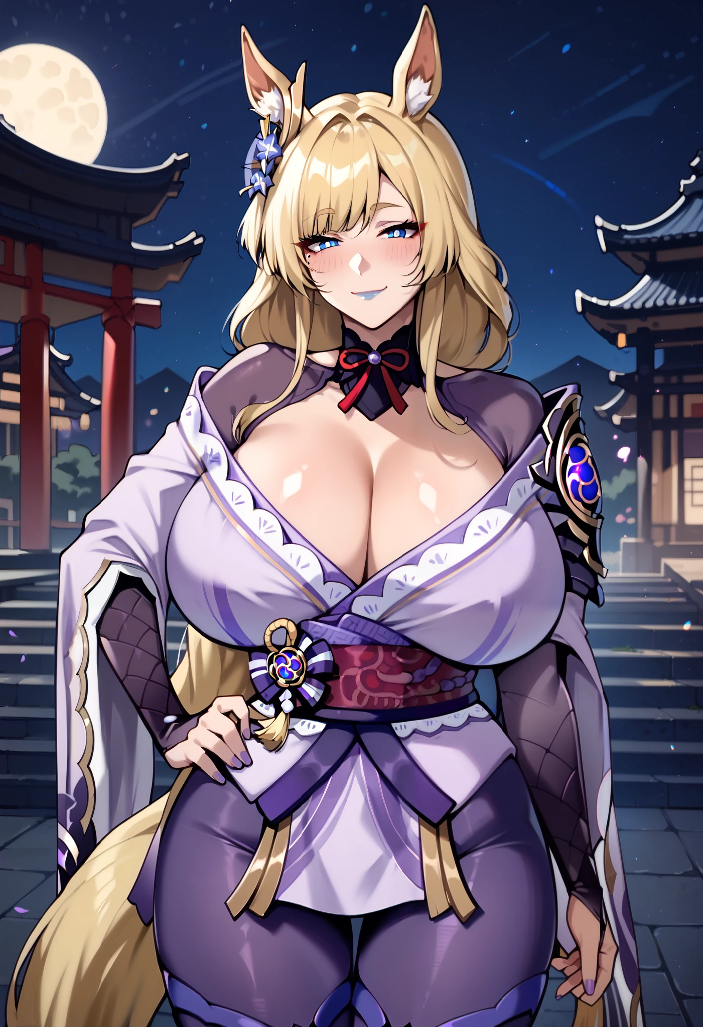 score_9, score_8_up, score_7_up, 1girl, milf, solo, WhislashAK, (huge breasts:1.6), (((blonde hair), very long hair, bangs, long sidelocks, blue eyes, half-closed eyes, horse ears, horse tail)), blue lips, ((raiden shogun cosplay, purple pantyhose)), ((blush, light smile), closed mouth), ((standing, hand on own hip, temple, night))