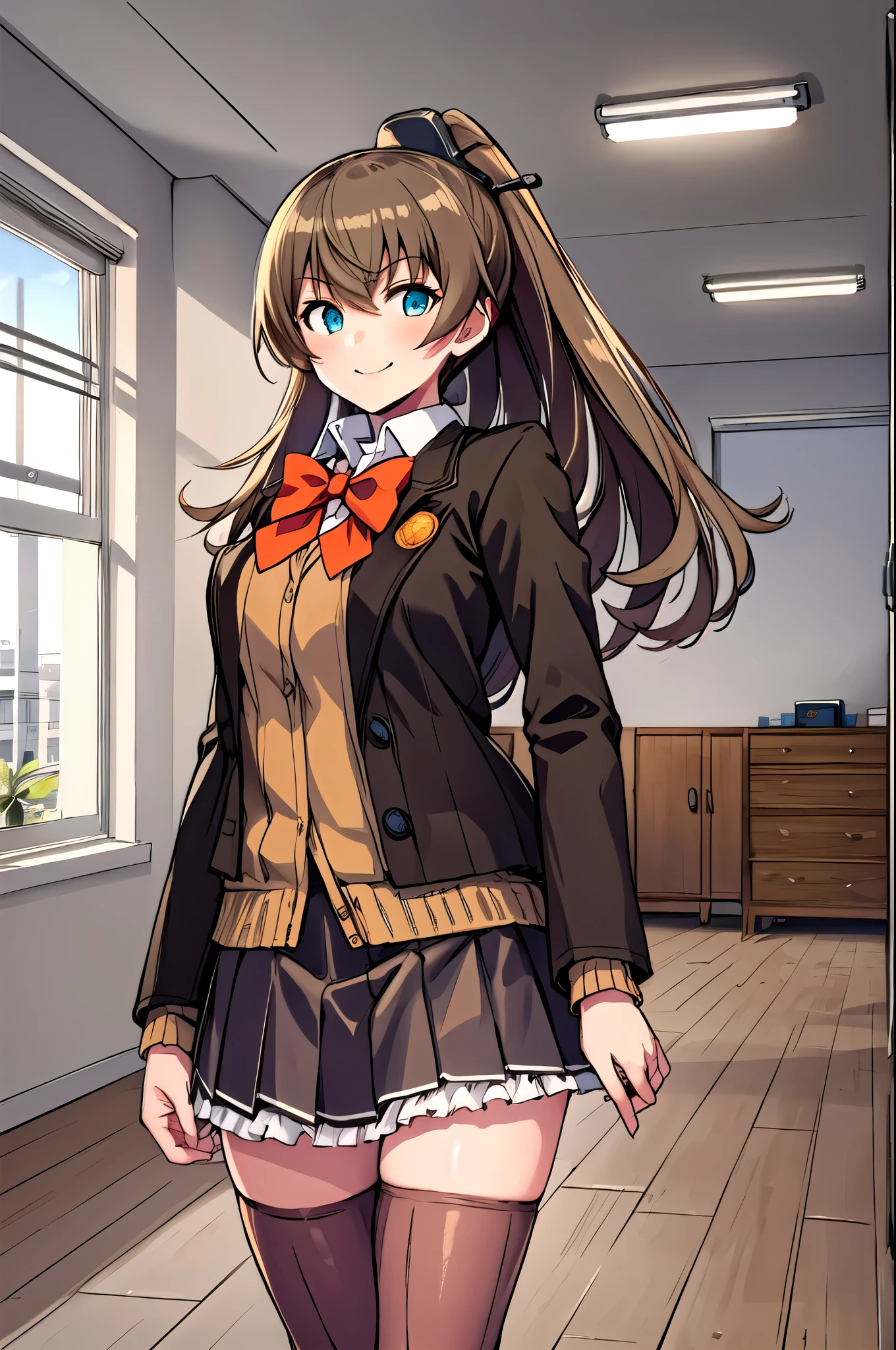 (masterpiece,  top quality:1.2),  Cowboy Shot , Alone,  1 girl, Kumano Kaiji , smile, looking at viewer,  ponytail,  school uniform,  brown jacket,  cardigan ,  red bow tie , Brown Skirt,  thigh high socks, (Classroom Background,  living room background,  office background),,
