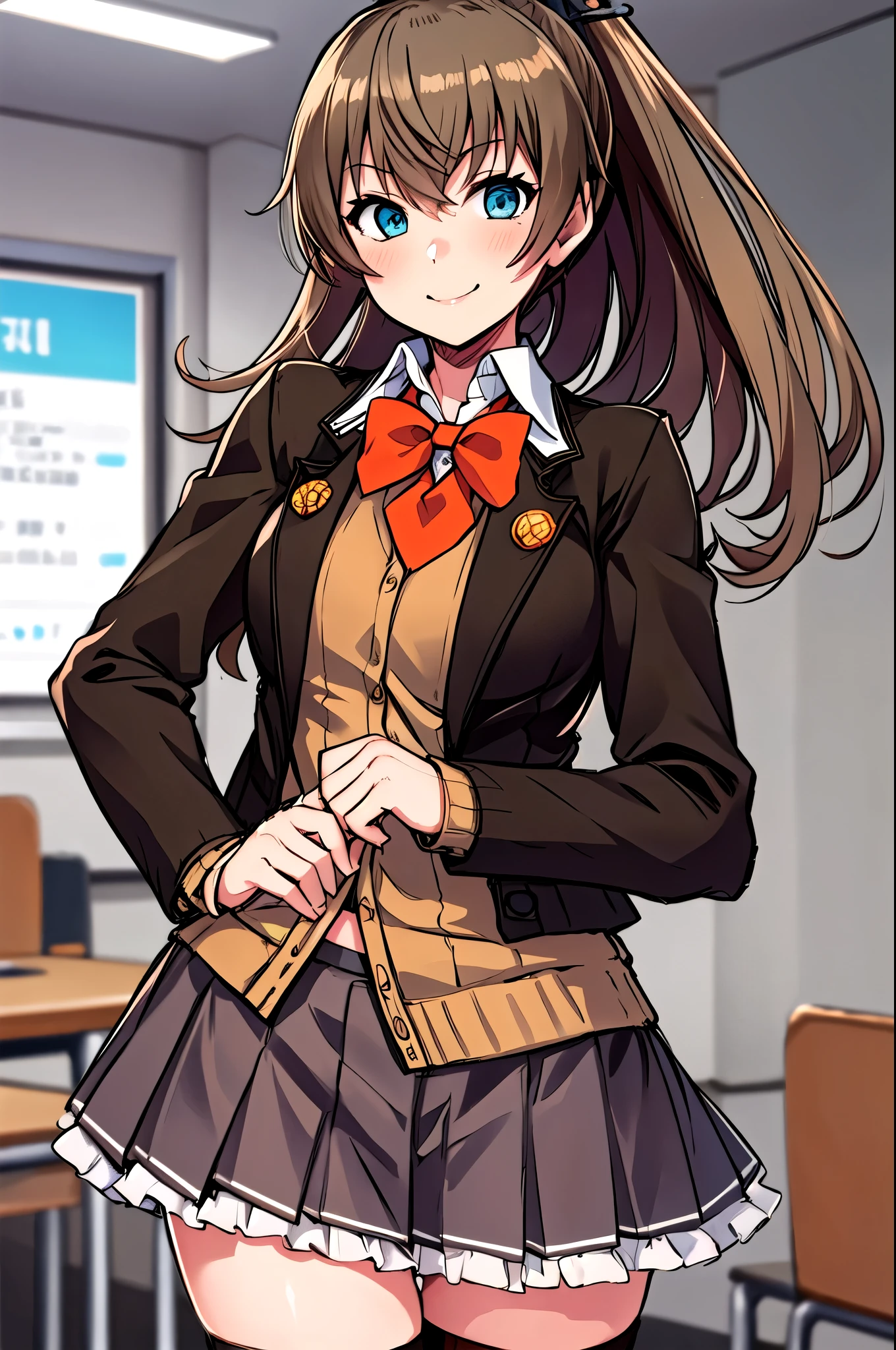 (masterpiece,  top quality:1.2),  Cowboy Shot , Alone,  1 girl, Kumano Kaiji , smile, looking at viewer,  ponytail,  school uniform,  brown jacket,  cardigan ,  red bow tie , Brown Skirt,  thigh high socks, (Classroom Background,  living room background,  office background),,
