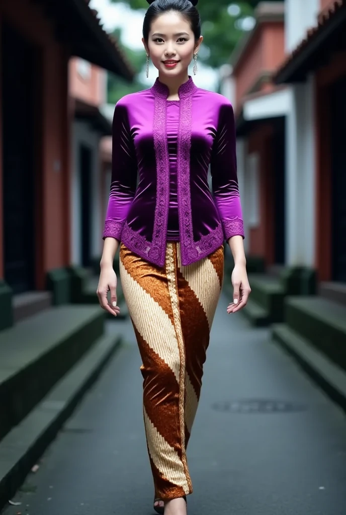 a beautiful Javanese young woman wearing a traditional kebaya outfit. Her hair is styled neatly in a traditional Javanese hair bun style. The kebaya features intricate glossy purple satin with embroidery on the bodice and edges paired, with a tight batik skirt. wearing high heels,  She is gracefully walks in a outdoor setting with soft bokeh and blur Yogyakarta city night atmosphere. The overall mood is graceful and culturally authentic, emphasizing the richness of Javanese tradition