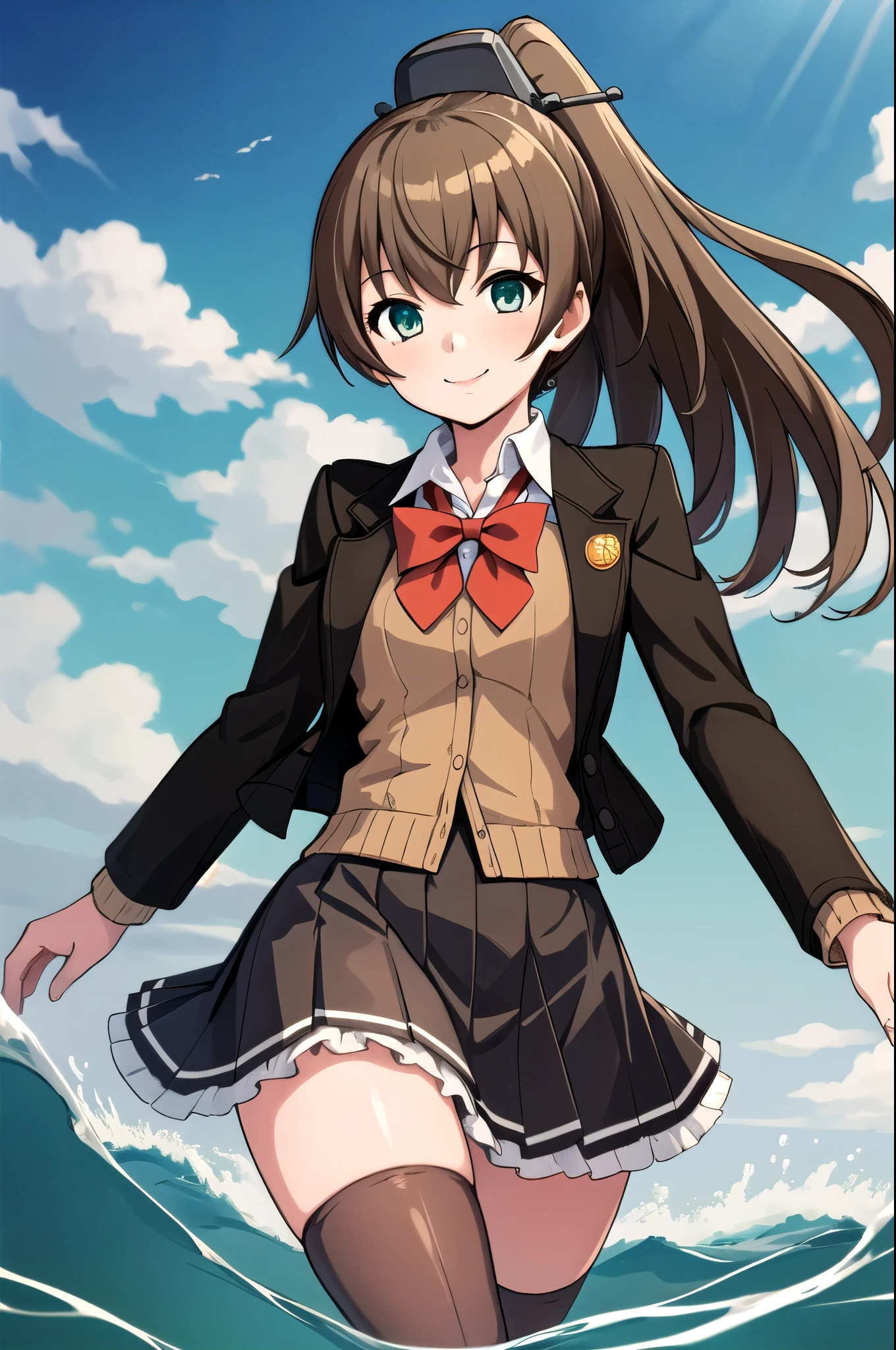 (masterpiece,  top quality:1.2),  Cowboy Shot , Alone,  1 girl, Kumano Sea and , smile, looking at viewer,  playing in the water,  ponytail,  school uniform,  brown jacket,  cardigan ,  red bow tie , Brown Skirt,  thigh high socks 