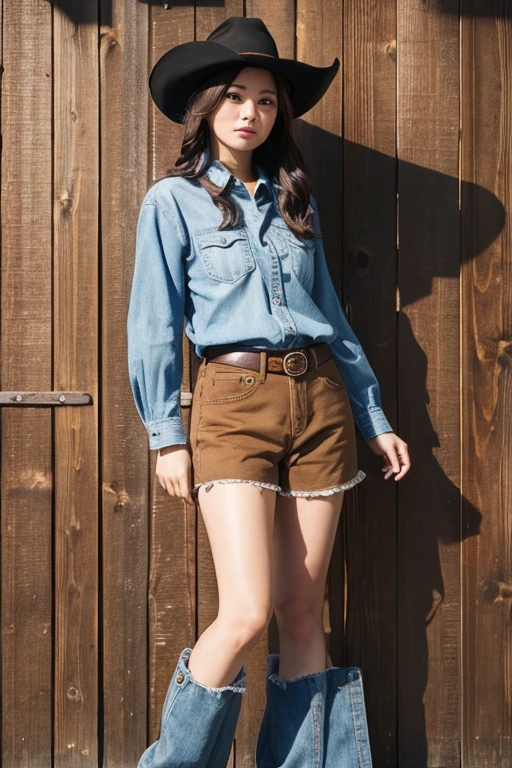 A tanned girl in her 20s. Red hair, freckles, 1.6 meters tall, dark eyes. Wearing: a pair of unzipped denim daisy dukes shorts with a leather belt, a short tube top, bare feet. detailed face, feet, toes