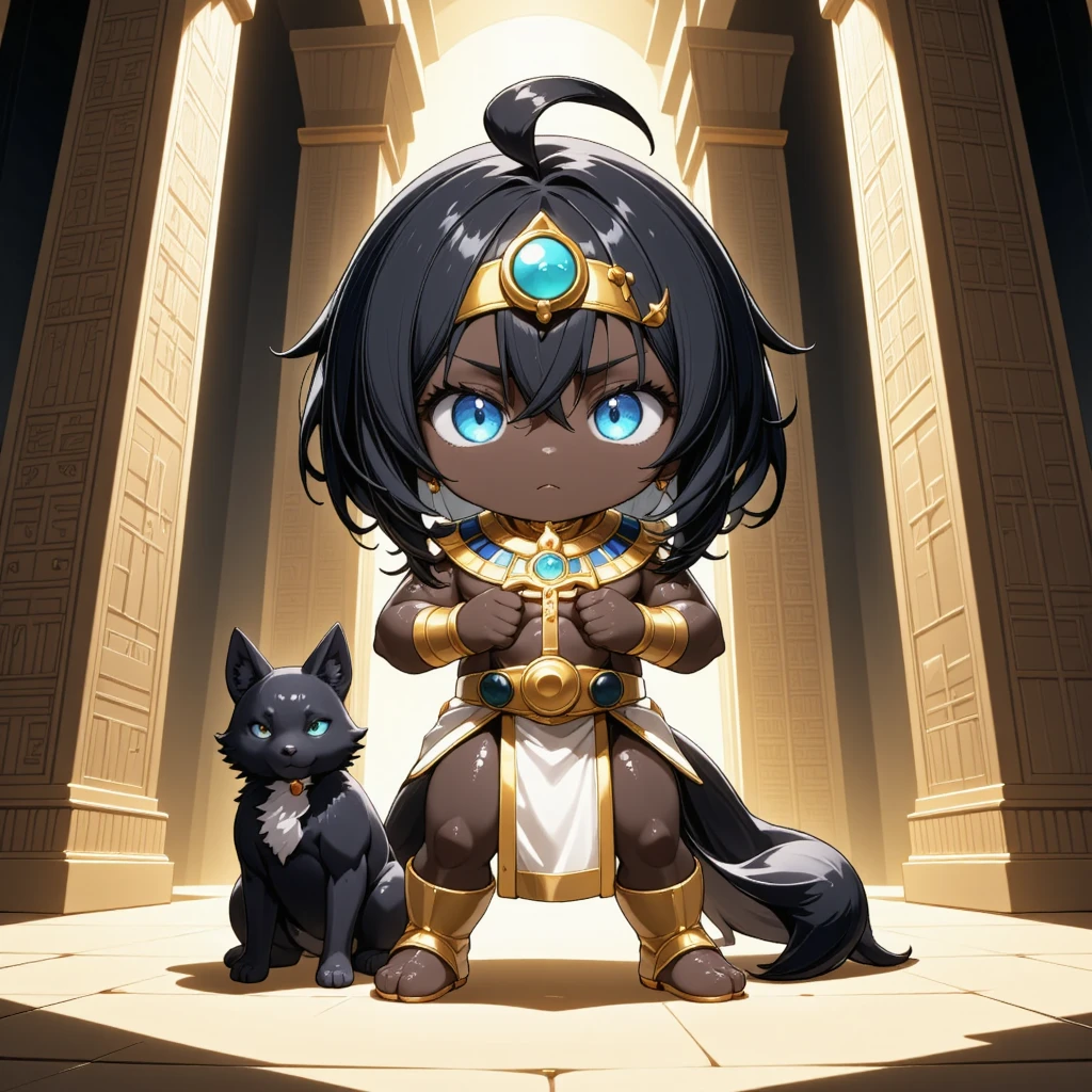 "masterpiece, best quality, 8k resolution, ultra-detailed, vibrant colors, (cute chibi Anubis boy), (jackal head), (muscular but compact build), (black skin), (black hair), (blue eyes), wearing traditional Egyptian funerary attire (detailed gold jewelry, nemes headdress with a turquoise centerpiece), serious expression, (holding a ceremonial ankh), (standing majestically). Two jackals with dark fur are at his feet, attentive expressions. Background: ancient Egyptian tomb interior, walls covered with detailed hieroglyphs and reliefs depicting gods and pharaohs, dramatic lighting from a central light source.  Detailed rendering, sharp focus, anime style, digital painting."