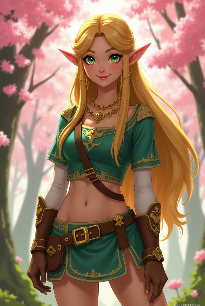 princess zelda breath of the wild, 1girl, smile, milf, mature female, long hair, blonde hair, skindentation, tall ,narrow waist, thighs, wide hips, green eyes, gold necklace, eyeliner, eyelashes, perfect face, detailed eyes, facial lighting,  looking at viewer, (masterpiece, high quality:1.2) , cherry blossom trees,  