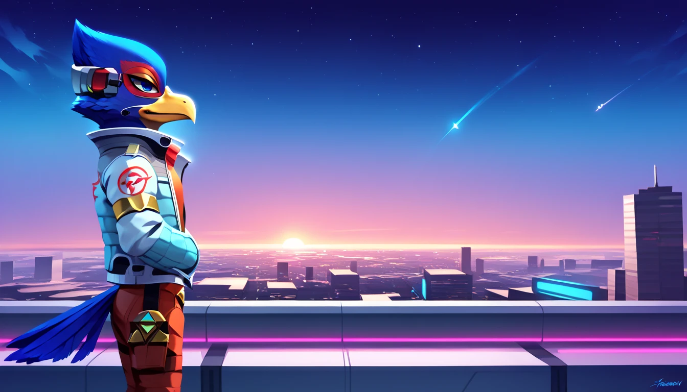 score_9, score_8_up, score_7_up, score_6_up, 1boy, solo, Falco lombardi, inside spaceship, beckoning, straight on, nsfw, high resolution, detailed face, high resolution, light blue eyes, A Falco lombardi standing on a skyscraper balcony, gazing out at a sprawling futuristic city illuminated by neon lights. The Falco lombardi that flutters in the wind, with a calm yet contemplative expression, The sky is filled with flying vehicles and distant stars, from side,