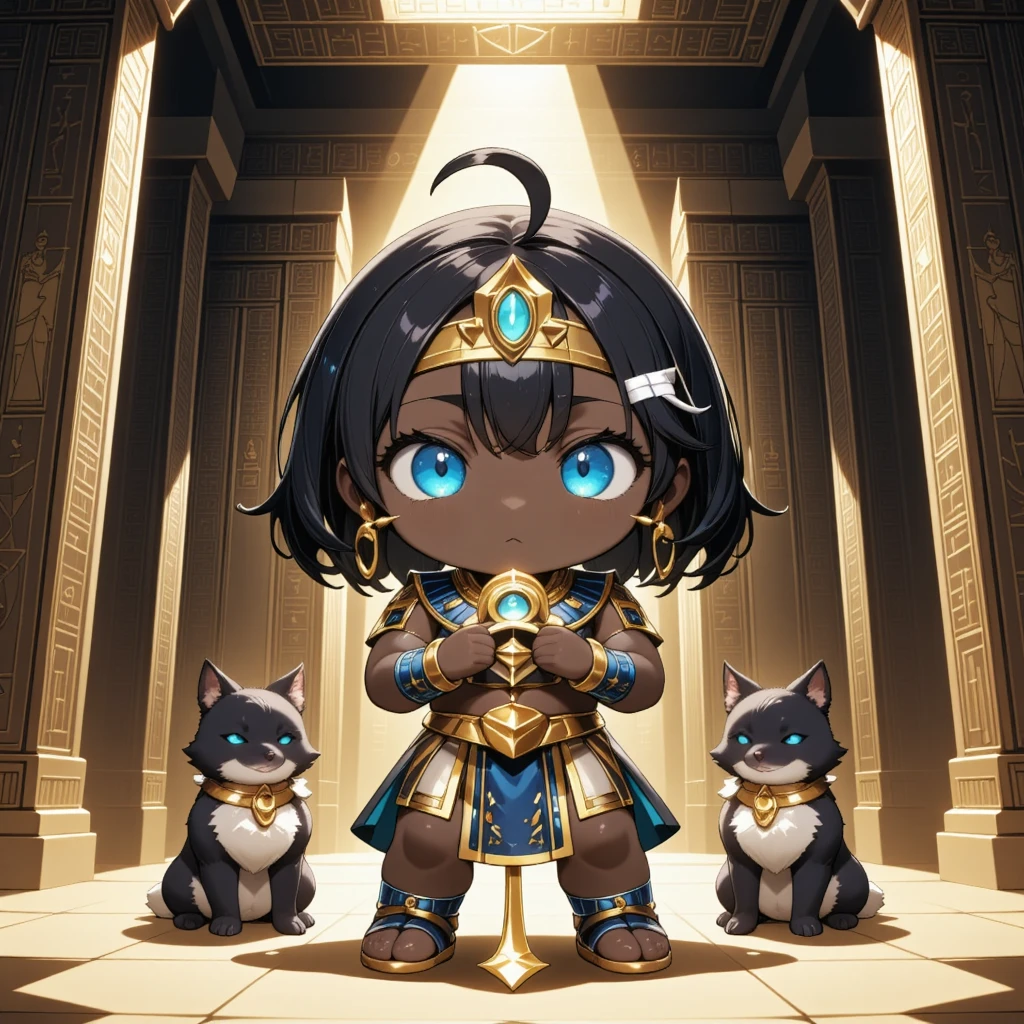 "masterpiece, best quality, 8k resolution, ultra-detailed, vibrant colors, (cute chibi Anubis boy), (jackal head), (muscular but compact build), (black skin), (black hair), (blue eyes), wearing traditional Egyptian funerary attire (detailed gold jewelry, nemes headdress with a turquoise centerpiece), serious expression, (holding a ceremonial ankh), (standing majestically). Two jackals with dark fur are at his feet, attentive expressions. Background: ancient Egyptian tomb interior, walls covered with detailed hieroglyphs and reliefs depicting gods and pharaohs, dramatic lighting from a central light source.  Detailed rendering, sharp focus, anime style, digital painting."