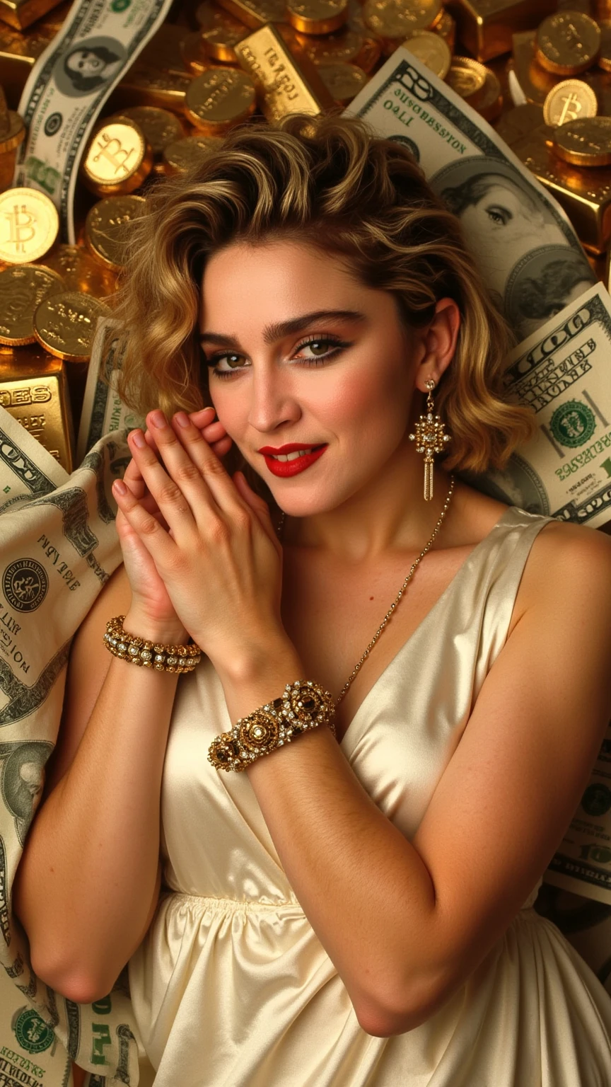 (realistic, photo-realistic:1.4), ((Madonna)) ((Madonna in 1980s style)) Madonna Pop Star (masterpiece, best quality), very modest fully clothed, confident, high resolution, intricate details, extremely detailed, ((long elegant dress)), dress covered all her body, European beauty (cool elegance), ((Young Goddess)), detailed face, expressive eyes, sophisticated features, pale skin, looking gently at the camera, ((warm smile)), (wearing exquisite gold accessories, including a wristwatch, bracelet, ring, necklace, earrings, all designed with intricate patterns), ((surrounded by a cascade of dollar bills, gold bars, and shimmering gold coins)), (Golden World), (soft golden light reflecting around her), she is gracefully reclining amidst the wealth, embodying elegance and sophistication.