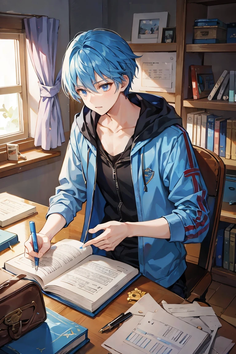 A blue-haired wizard man majoring in meteorology is studying in a messy room