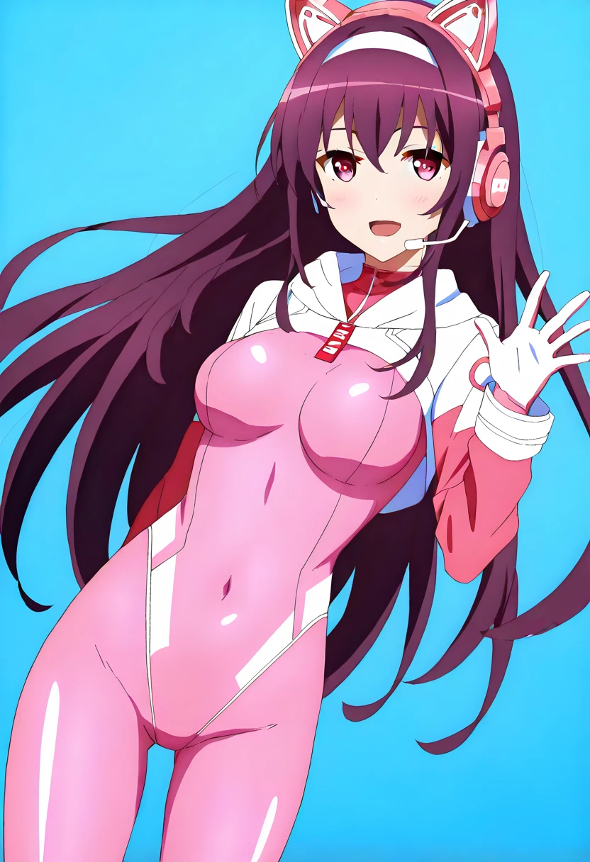 1 girl,shiyu,very long hair, bangs, headset, fake animal ears, animal ear headphones, shrug \(clothing\), long sleeves, medium breasts, pink bodysuit, latex bodysuit, multicolored gloves, pink gloves, white gloves, waving, smile, :D, open mouth, looking at viewer, blue background, blush, covered navel