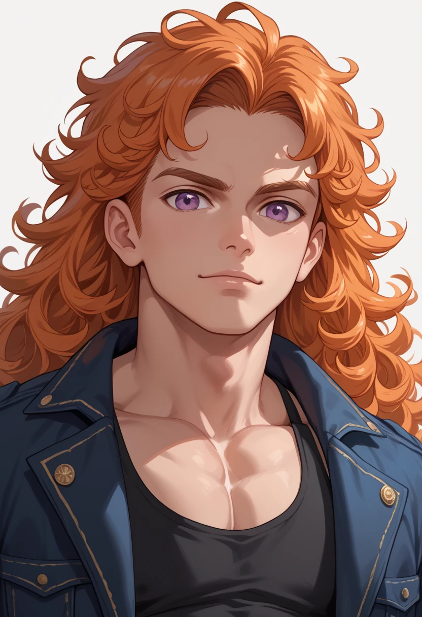 (masterpiece), best quality, high quality, 1 male, young adult, confident expression, pastel orange hair, long hair, messy half-curly hair, violet eyes, wearing a jacket with a black tank top, muscle body, muscle, upper body, simple background, looking ahead, portrait, face focus,   