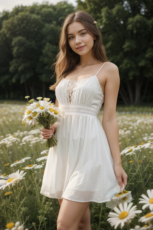 Short white hair woman that's look around 30 and with a decent boob,wearing sundress in a beautiful flower field