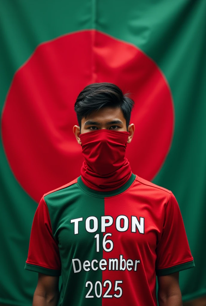 A 23-year-old boy in front of the Rohingya flag on the back. Wearing the T-shirt of Save Rohingya in Arakan. The T-shirt has 'Anas KN' written in English and the face and eyes are covered in red cloth.