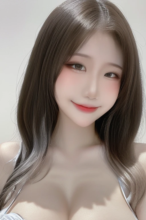 (High Resolution, Masterpiece:1.3, High Quality, UHD,upper body portrait:1.3), 1girl, Large breasts, full breasts, bouncy breasts ,Long Hair, Silver Hair, closed mouth smile, white long dress, upper body focus, upper body portrait:1.3, standing,Simple background, 