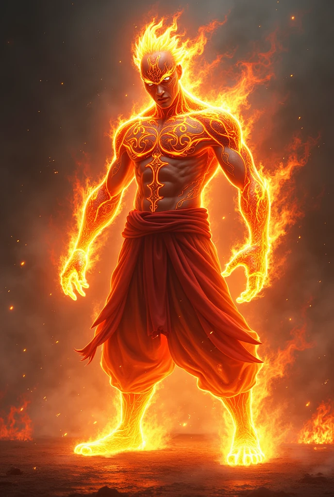 Tall and angry mighty, Holding a single-stranded pestle in his hand,Tiger teeth exposed,Shiny skin,jewelry,choker necklace,Yingluo,Pedras preciosas,The whole body is on fire,One foot on a rock,Head background with glowing circle,In addition to the role, The picture is all fire,Flames fill the picture,The fire burst into the sky,(tmasterpiece), best qualtiy, 超高分辨率,closeup cleavage, cinmatic lighting, high detal, dramatics, Photorealsitic