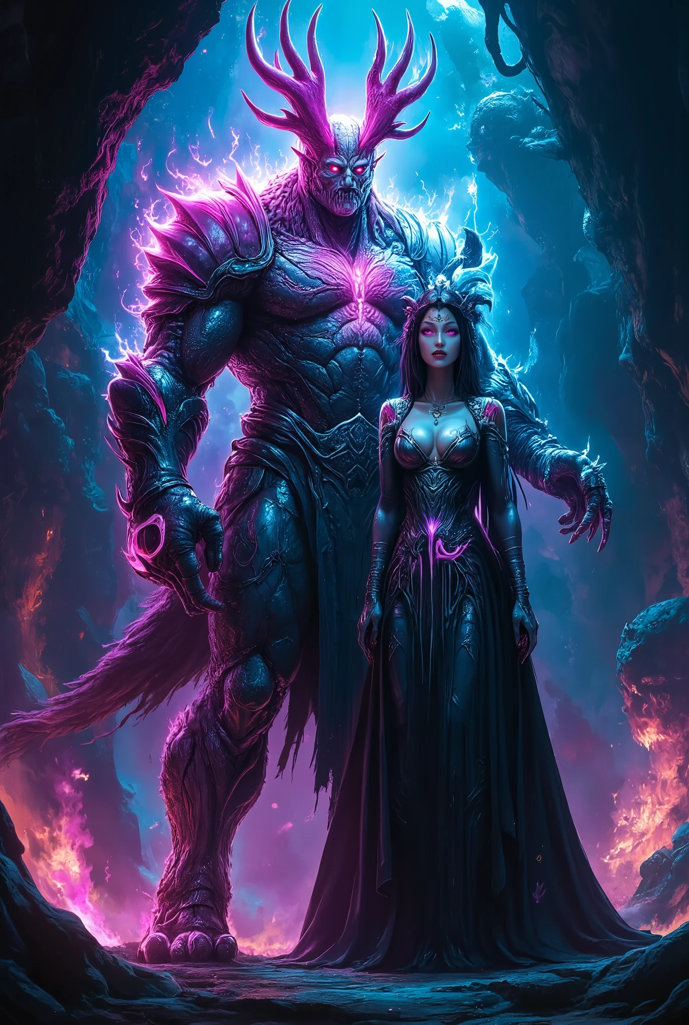 score_9, score_8_up, score_7_up, score_6_up, score_5_up, score_4_up, (best quality,4K,8k,highres,masterpiece:1.2), (super realistic photo:1.6), A neon-colored, mutant Grimm knight, stunning female, (Cthulhu Bishop:1.2), highly detailed, ultra-realistic, 8K, cinematic lighting, dramatic shadows, vibrant neon colors, glowing energy, intricate armor, twisted and distorted features, eldritch horror, dark fantasy, photorealistic