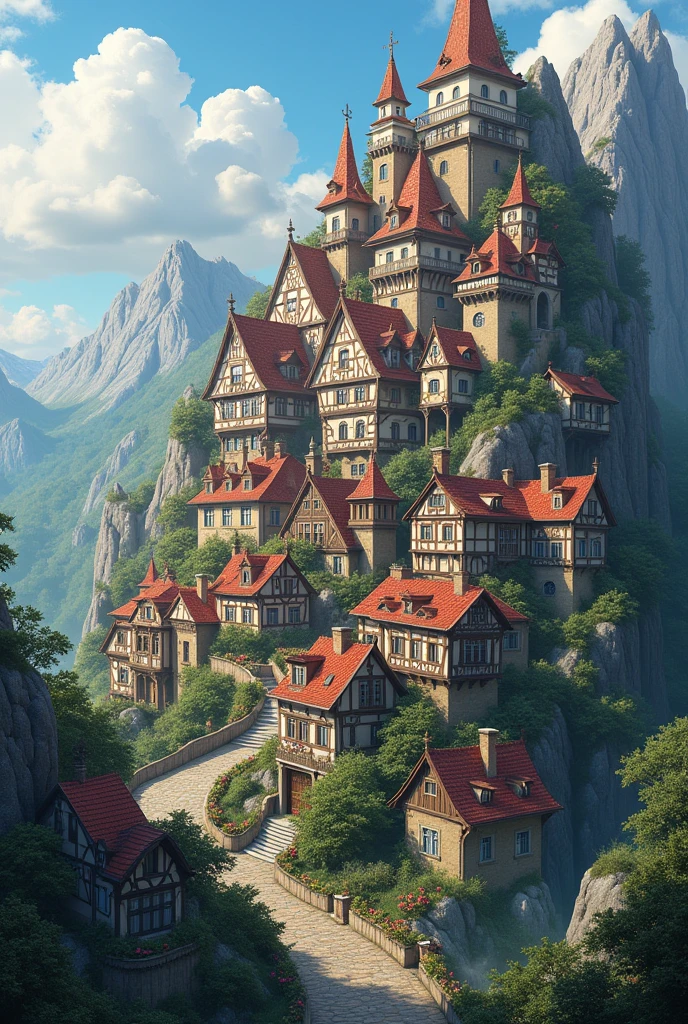 Several baroque and small houses, style city built on top of a mountain ...