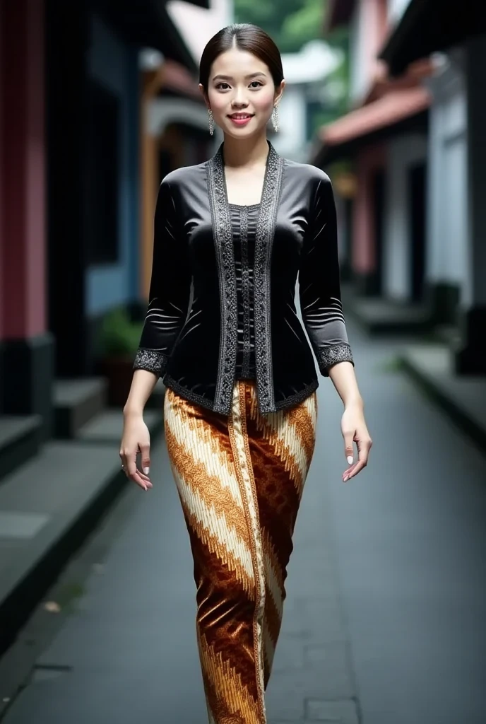 a beautiful Javanese young woman wearing a traditional kebaya outfit. Her hair is styled neatly in a traditional Javanese hair bun style. The kebaya features intricate glossy black satin with silver embroidery on the bodice and edges paired, with a tight batik skirt. wearing high heels,  She is gracefully walks in a outdoor setting with soft bokeh and blur Malioboro street Yogyakarta city night atmosphere. The overall mood is graceful and culturally authentic, emphasizing the richness of Javanese tradition